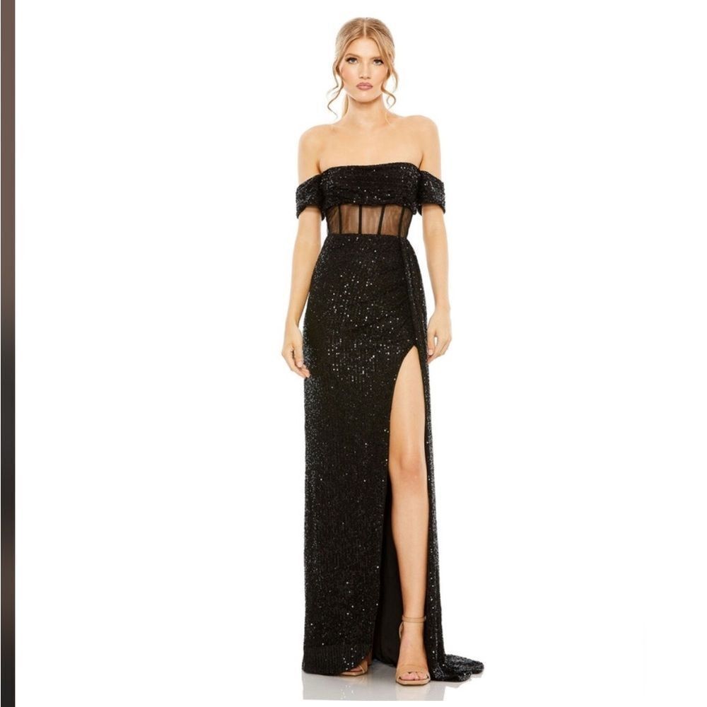 Ieena Mac Duggal 11665 Black Off-Shoulder Sequined Corset Gown With Slit Sz 2